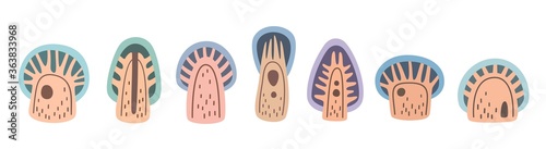 Winter snowy trees collection, flat vector stock illustration. Forest woodland cute cartoon tree icon set clip art for childrens tale book.