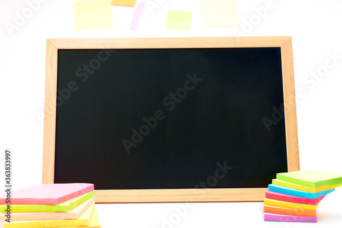 Blackboard with space for text next to lots of posts. Business concept