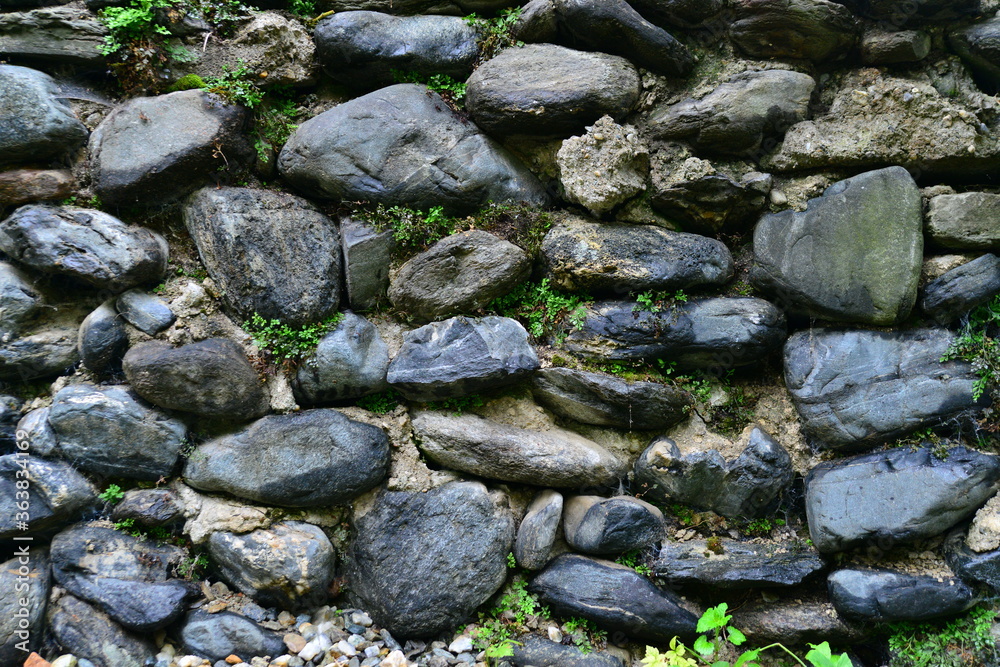 The old stone wall was overgrown with green grass.