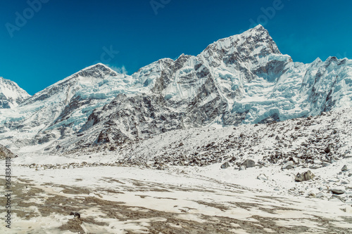 Beautifull Khumbu glacier mountains landscape at the Everest Base Camp trek in the Himalaya, Nepal. Himalaya landscape and mountain views.