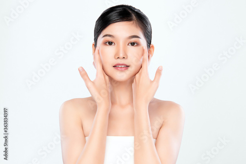 close up Beautiful Young asian Woman touching her clean face with fresh Healthy Skin, isolated on white background, Beauty Cosmetics and Facial treatment Concept