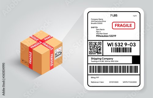 Shipping label on cardboard box template. Barcode and qr code for scanning. Postal Fragile sign and Scotch tape. Real life mockup. Cargo sticker with adress. Vector illustration banner design.