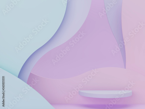 Minimal scene with podium and abstract background. Geometric shapes. Pastel colors scene. Minimal 3d rendering. Scene with geometrical forms and curved background for cosmetic product. 3d render. © Mamba Azul