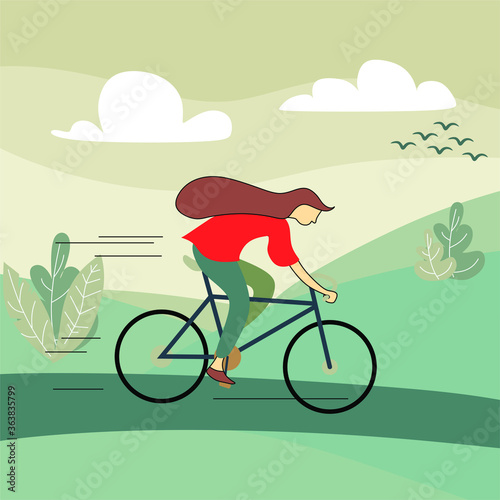 Woman riding bike. Cute sportswoman on bicycle isolated on white background. Female bicyclist taking part in sports race. Concept of cycling, healthy outdoor activity. Flat cartoon vector illustration