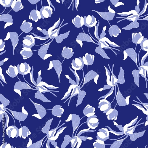 Tulips vector seamless pattern for fabrics and wrappers. Blue stylish monochrome print for digital printing.