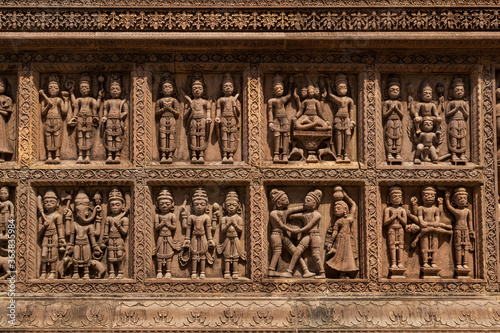 Beautiful carved wall of Syamji ki Chhatri, A 17th century heritage monument. Narsinghgarh, madhya pradesh.