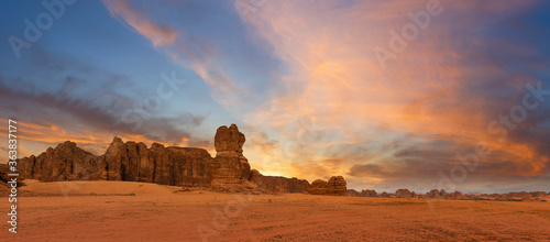 Outcrop geological formations at sunset near Al Ula in Saudi Arabia