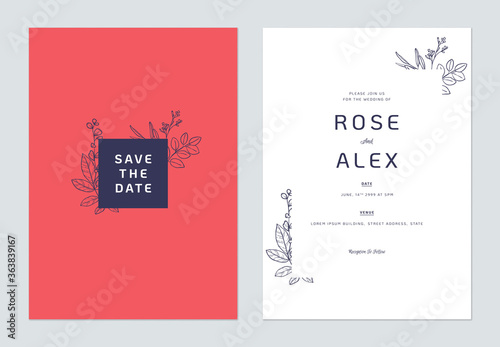 Minimalist floral wedding invitation card template design, floral line art in...