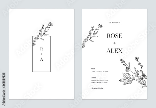 Minimalist floral wedding invitation card template design, floral line art ink drawing on white