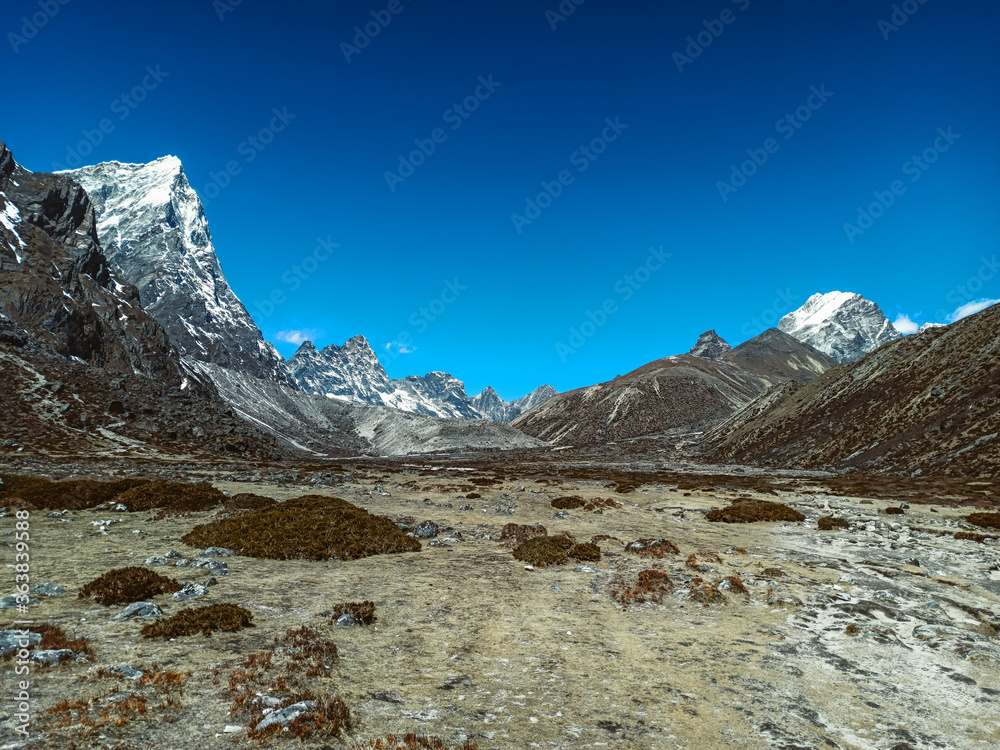 Beautifull Khumbu valley  landscape at the Everest Base Camp trek in the Himalaya, Nepal. Himalaya landscape and mountain views.