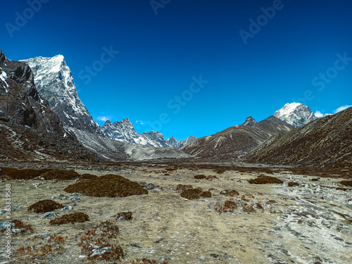 Beautifull Khumbu valley  landscape at the Everest Base Camp trek in the Himalaya, Nepal. Himalaya landscape and mountain views. © infocusvideo