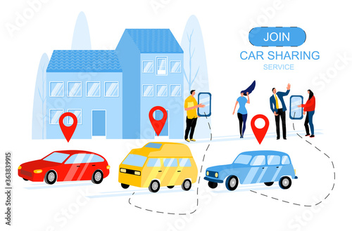Concept of online ordering taxi,rent and car sharing service using mobile app. People waiting for transport. Vector flat illustration of wireless parking. Urban city silhouette. Location marks of car.