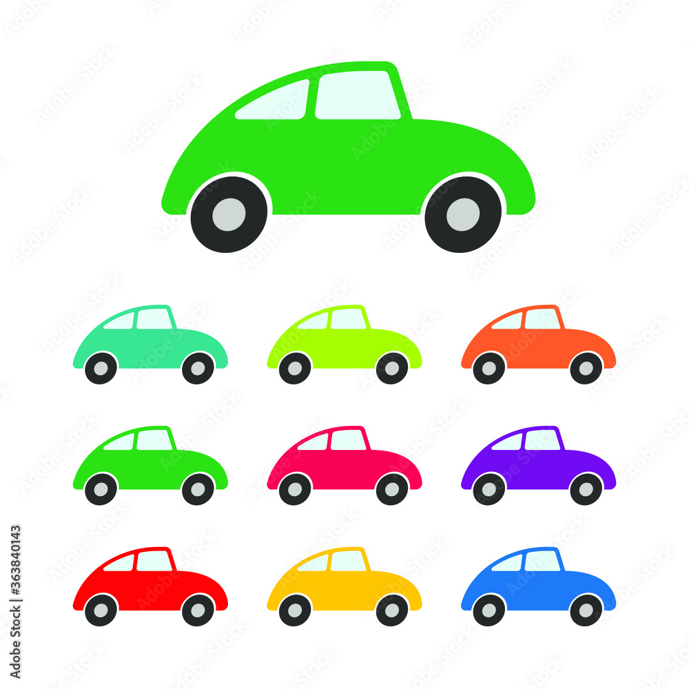 Car icon collection. Different colors set. Cute cartoon style automobile vector image. Comic transport logo. Funny vintage auto vehicle symbol sign. Isolated on white background