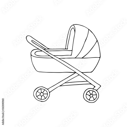 Doodle baby carriage icon in vector. Hand drawn baby carriage icon in vector