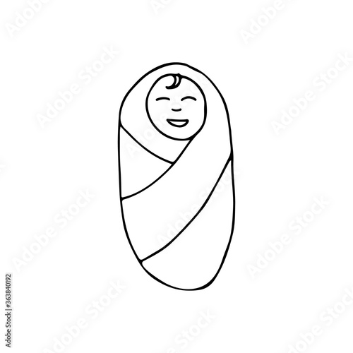 Swaddled baby doodle icon in vector. Doodle newborn baby icon design. Hand drawn newborn baby icon in vector