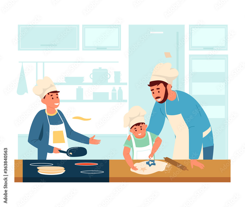 Dad in apron and chef's hat cooking with sons in the kitchen. Making pancakes and cookies with children. Family activities. Flat vector illustration. Dad in apron and chef's hat cooking with sons in the kitchen. Making pancakes and cookies with children. Family activities. Flat vector illustration.