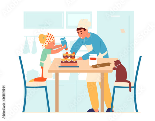 Vector Illustration Of Children In Aprons Making Cake Together In The Kitchen. Older Brother Helps His Little Sister Decorate Cake. Flat Design.