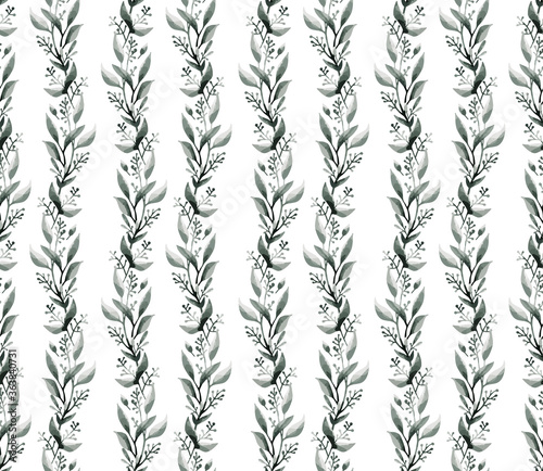 Seamless pattern. Watercolor botanical flowers  green leaves  branches. Vintage design for logo  wedding invitations  postcards  stickers  textile. White isolated background. Paper texture.