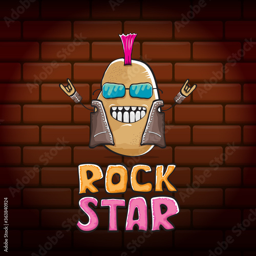 vector funny cartoon cute brown punk rock star potato character with Iroquois isolated on brick wall background. ROck star vector concept print. rock n rock hipster vegetable funky character