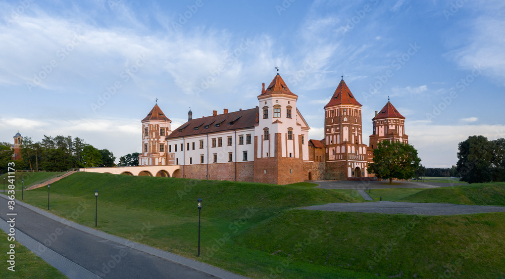 Mir Castle. Castle from a height at sunset. The village of Mir. Korelichi district. The Grodno region. Belarus.