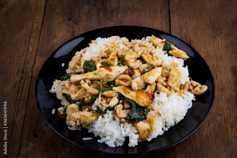 Spicy Fried basil leaf with chicken and rice Spicy Fried basil leaf with chicken and rice