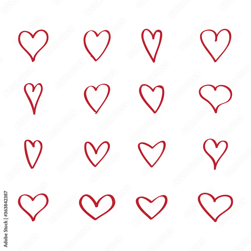 Outline heart icons. Vector set isolated on white background. Modern collection of different red hearts contour for sticker, label, tattoo art, love logo and Valentine's day. Vector illustration