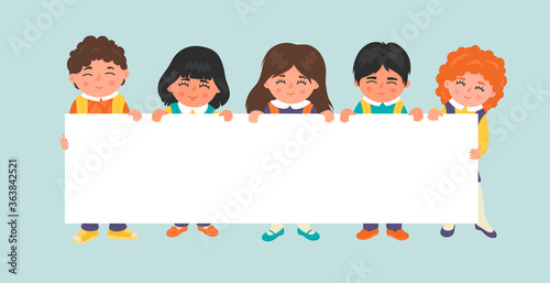 School children holding empty banner. Kids with white board. Education, teaching, studying, school vector illustration with place for your text. 