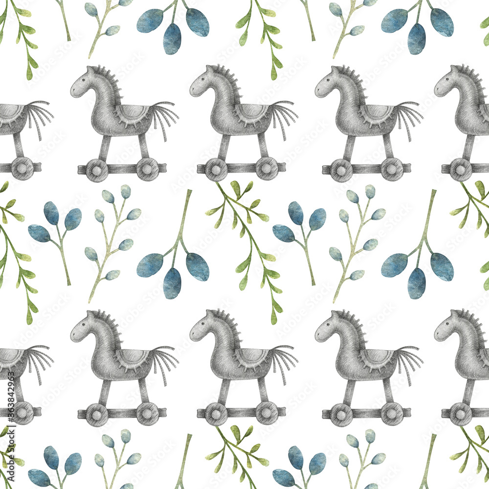 Seamless pattern with blue branches, berries and a wooden toy horse Seamless pattern with blue branches, berries and a wooden toy horse