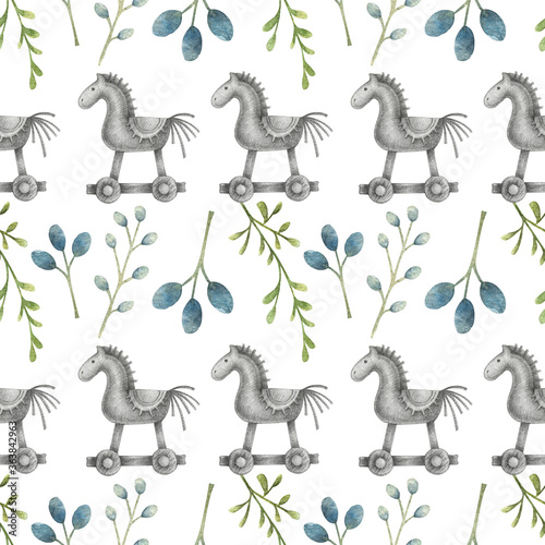 Seamless pattern with blue branches  berries and a wooden toy horse