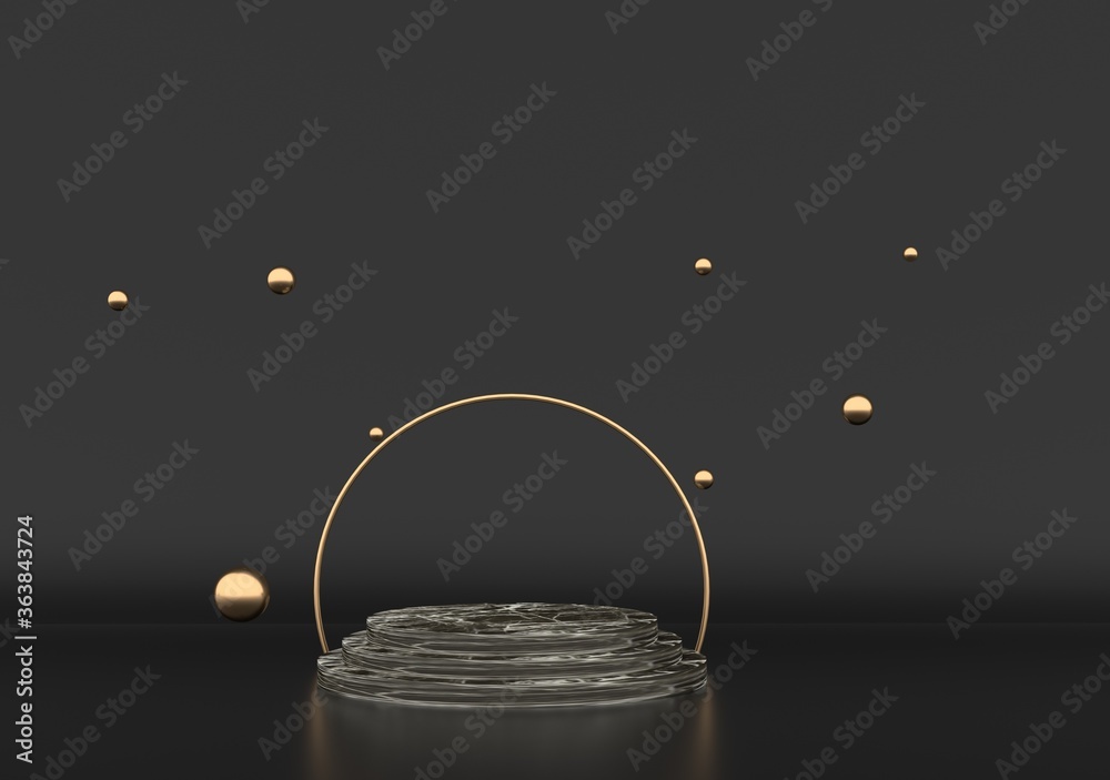 3D rendered black studio with floating golden spheres and podium on the floor. Platforms for product presentation, mock up background. Abstract composition in minimal design. 3D rendered black studio with floating golden spheres and podium on the floor. Platforms for product presentation, mock up background. Abstract composition in minimal design.