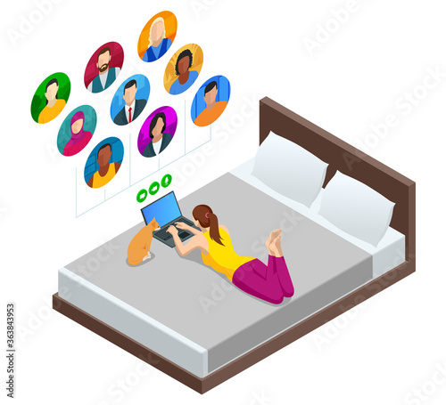 Isometric video conference. Online meeting work form home. Home office. Multiethnic business team. Stay at home and work from home concept during Coronavirus pandemic
