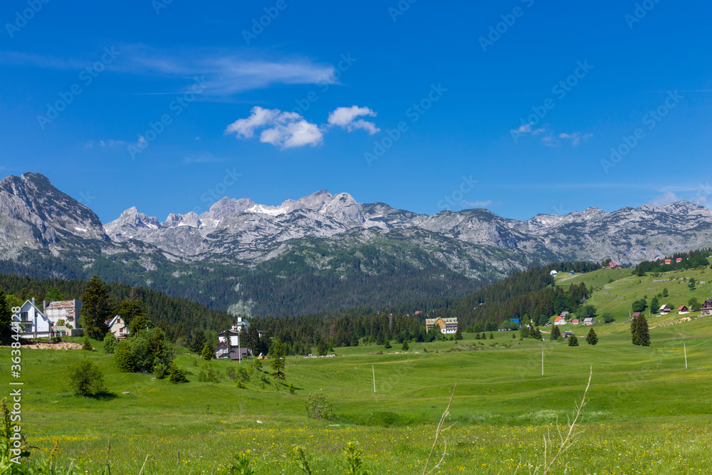 Houses on meadows and mountains of the highlands natural landscape near the town of Zabljak in the unspoilt countryside, Montenegro.