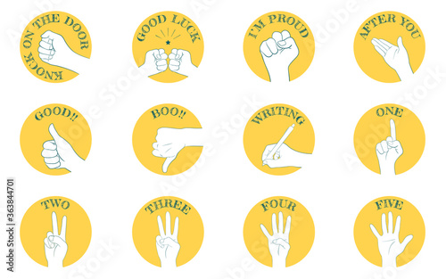 ハンドサインのアイコンセット12種類、コミュニケーションや数字.ベクターイラスト