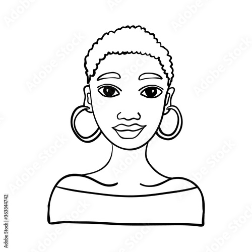 Black woman with short curly hair and hoop earings vector portrait. African etnicity avatar. photo