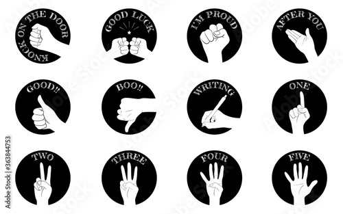 ハンドサインのアイコンセット12種類、コミュニケーションや数字.ベクターイラスト