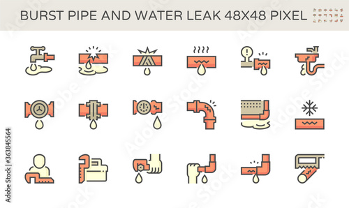 Burst pipe and water leak vector icon set design, 48X48 pixel perfect and editable stroke.