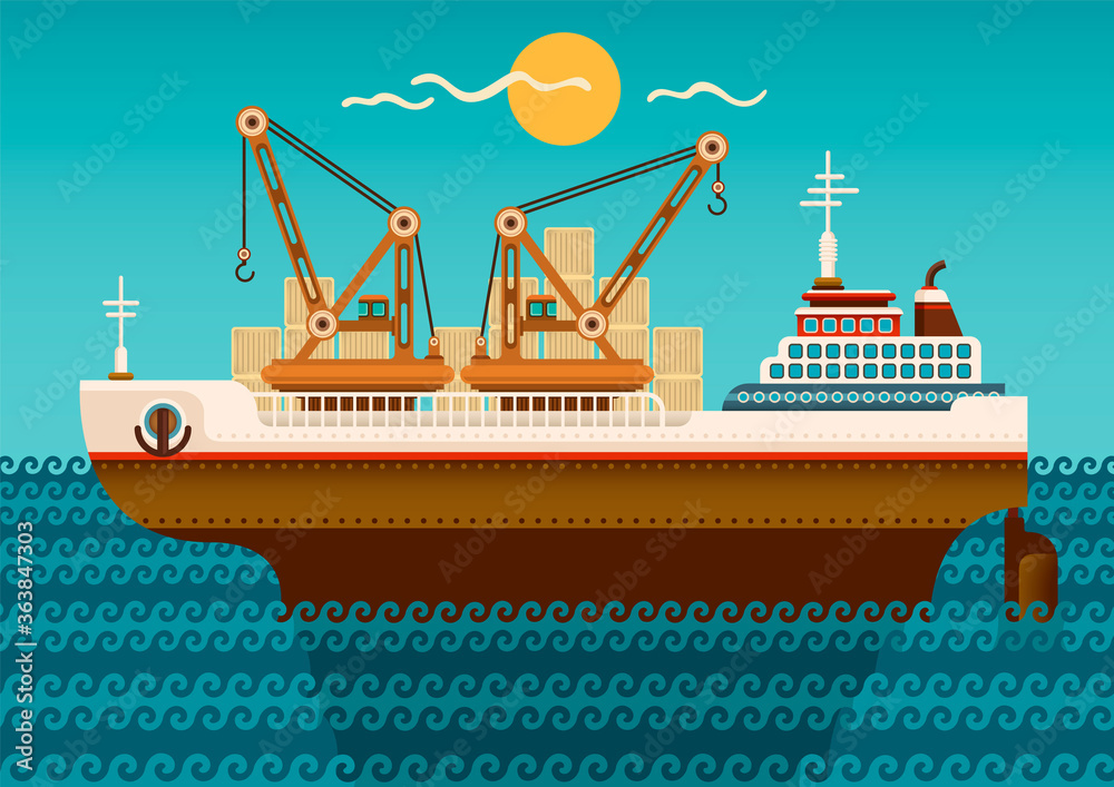 Cartoon style industrial ship on the sea. Vector illustration. Cartoon style industrial ship on the sea. Vector illustration.