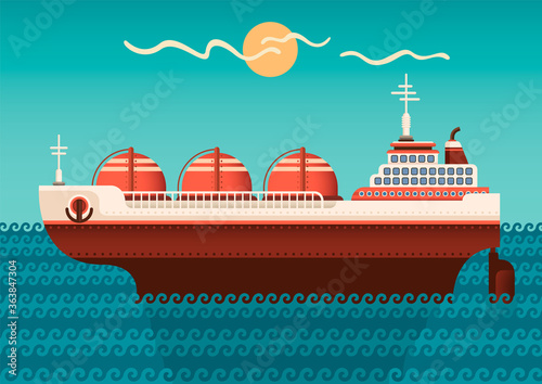 Cartoon style tanker ship on the sea. Vector illustration.