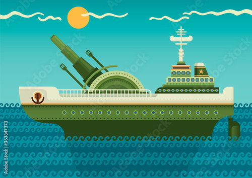 Cartoon style military ship on the sea. Vector illustration.