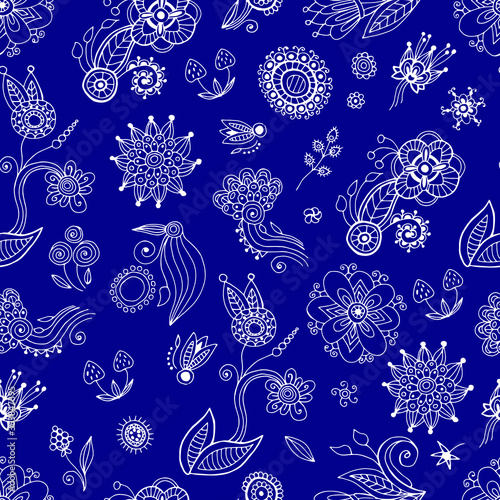 Seamless pattern with ethnic ornaments. Linear flowers and patterns on the blue background. Design for wallpaper, fabric, textile, packaging.