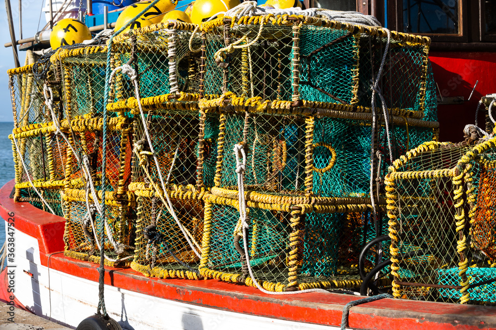 Close-up of fishing boat with fishing baskets