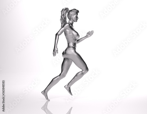 3D Rendering :  a running female character withsilver skin texture with white background © Tritons