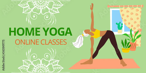 Banner for web page template. Meditation and home yoga classes online advertising. A girl in a tracksuit is doing triangle asana in the home interior . Stock vector flat illustration.