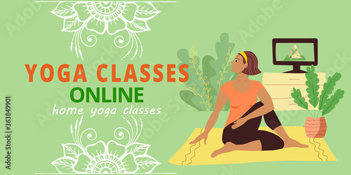 Banner for web page template. Meditation and yoga classes online advertising. A girl in a tracksuit sits on the floor in the home interior doing asana. Stock vector flat illustration.