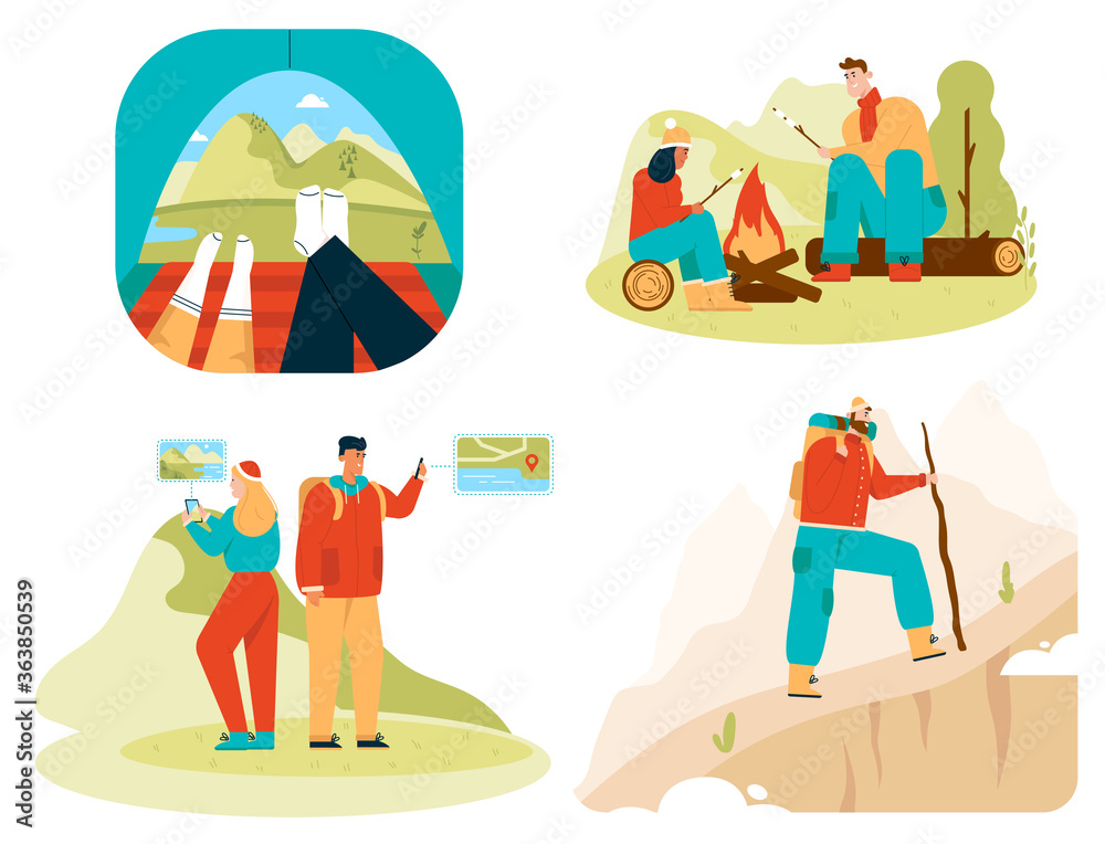 Tourists in tent, Couple hiking, Traveling scenes set