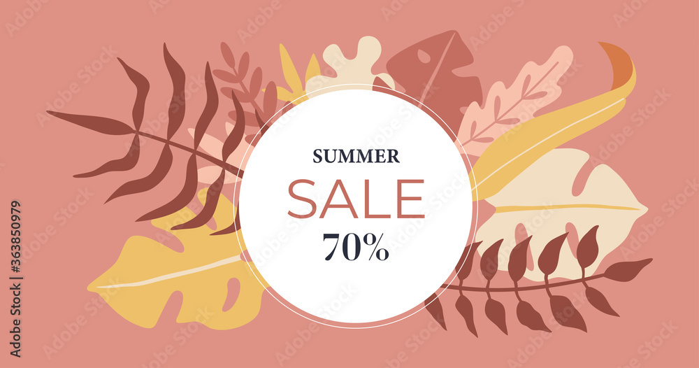 Social media banner, tropical summer sale. Hand drawn trendy modern template. colorful monstera leaves, palms and jungle plants. Vector concept, isolated on pink background. 