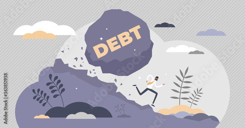 Debt bills payment problems as symbolic falling rock tiny persons concept.