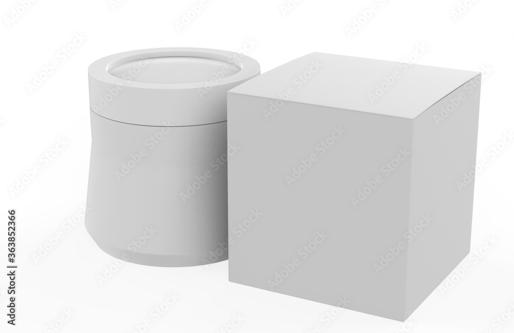 Cosmetic jar with packaging box mock up isolated on white background - 3d illustration Cosmetic jar with packaging box mock up isolated on white background - 3d illustration