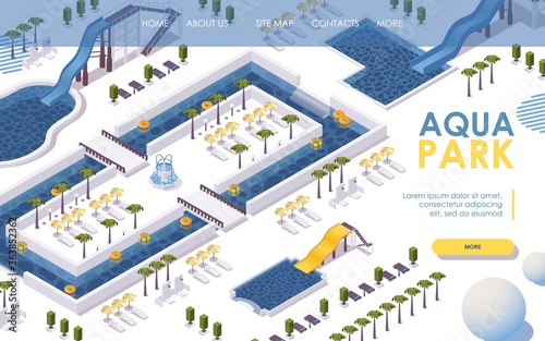 Landing page isometric water park, hotel outdoor scene with set of colorful slides with pools. Palms, sunbeds and no people