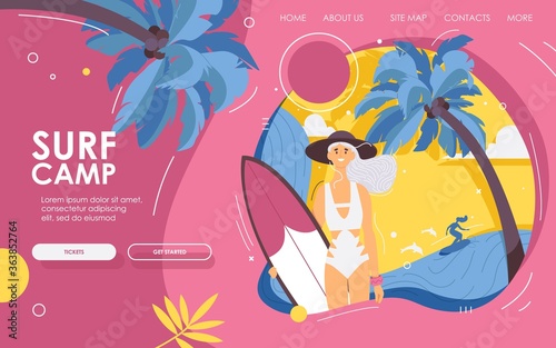 Landing page happy female young surfer with surfboard in summer composition with pink sun and palm tree. Scene good for surf school and courses